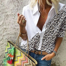 Load image into Gallery viewer, New Leopard White Spliced Shirts Women Elegant Fashion Ladies Turn down Collar Buttons Blouse Autumn Spring Female Tops
