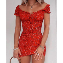 Load image into Gallery viewer, Women Floral Wrap Dress Off Shoulder Tie Up Front Ruffle Mini Dress Summer Office Lady Slash Neck Printed Pencil Dress
