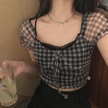 Load image into Gallery viewer, 2020 Summer New Plaid Blouse Women Retro Square Collar Shirt Casual Lace Chiffon Puff Sleeve Crop Tops Female Korea Clothing
