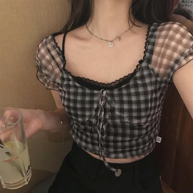 2020 Summer New Plaid Blouse Women Retro Square Collar Shirt Casual Lace Chiffon Puff Sleeve Crop Tops Female Korea Clothing