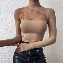 Load image into Gallery viewer, Sexy Off Shoulder Cut Off Patchwork Spring Shirts 2020 Women Hollow Out O Neck Elegant Blouse Autumn Long Sleeve Rib Tops Blusas
