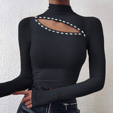 Load image into Gallery viewer, Sexy Off Shoulder Cut Off Patchwork Spring Shirts 2020 Women Hollow Out O Neck Elegant Blouse Autumn Long Sleeve Rib Tops Blusas
