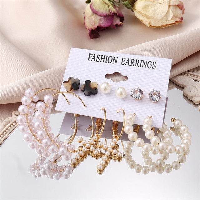 17KM Vintage Pearl Earrings For Women Big Gold Cross Set of Earrings Long Tassel Butterfly Dangle Drop Earrings 2021 Jewelry