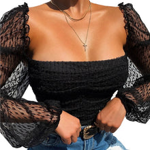 Load image into Gallery viewer, Fashion Summer autumn Tops Women Shirt Blouse Ruched long sleeve Lace Tulle Strappy Square collar Sexy Cropped Lady High street
