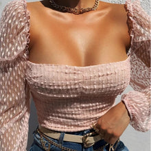 Load image into Gallery viewer, Fashion Summer autumn Tops Women Shirt Blouse Ruched long sleeve Lace Tulle Strappy Square collar Sexy Cropped Lady High street
