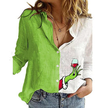 Load image into Gallery viewer, Fashion Green Stitching Wine Glass Print Shirt Autumn Women&#39;s Lapel Long Sleeve Office Blouse Elegant Ladies Plus Size Tops 3XL
