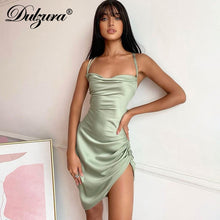 Load image into Gallery viewer, Dulzura Satin Women Strap Mini Dress Ruched Lace Up Cross Bandage Backless Bodycon Sexy Party Elegant 2020 Club Christmas Slim
