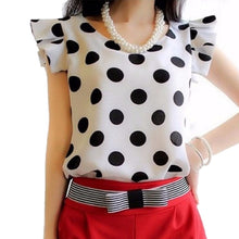 Load image into Gallery viewer, CHSDCSI Summer Shirts Black White Tops Polka Dot Women Chiffon Blouse Ruffled Short-sleeve Shirt Female Plus Size Blouse
