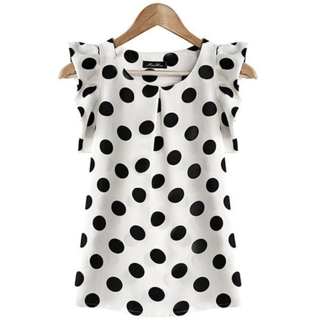 CHSDCSI Summer Shirts Black White Tops Polka Dot Women Chiffon Blouse Ruffled Short-sleeve Shirt Female Plus Size Blouse