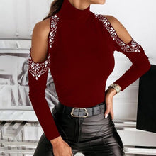 Load image into Gallery viewer, Women Elegant O Neck Diamonds Studded Blouse Sexy Ladies Solid Hollow Out Pullover Tops Spring Long Sleeve Slim Fit Shirt Blusas
