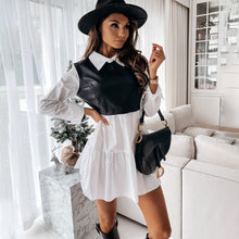 Load image into Gallery viewer, Casual Long Sleeve Mini Shirt Dress For Women White 2021 Spring PU Leather Patchwork Plaid Woman Dresses Clothing Femme Robe
