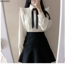 Load image into Gallery viewer, Ruffled Autumn Spring Basic Office Lady Work Wear Women Single Breasted Button Solid Peter Pan Collar Top White Shirts Blouses
