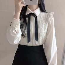 Load image into Gallery viewer, Ruffled Autumn Spring Basic Office Lady Work Wear Women Single Breasted Button Solid Peter Pan Collar Top White Shirts Blouses
