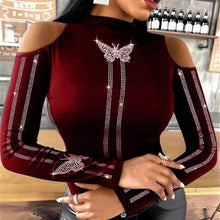 Load image into Gallery viewer, Women Elegant O Neck Diamonds Studded Blouse Sexy Ladies Solid Hollow Out Pullover Tops Spring Long Sleeve Slim Fit Shirt Blusas
