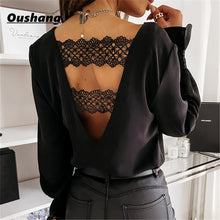 Load image into Gallery viewer, Sexy Lace Women Shirts V neck Long Sleeve Spring Autumn Tops Daily Blouses Female Elegant OL Office Blouse Casual Lady&#39;s Shirt
