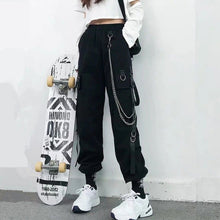 Load image into Gallery viewer, Women Cargo Pants 2021 Harem Pants Fashion Punk Pockets Jogger Trousers With Chain Harajuku Elastics High Waist Streetwear
