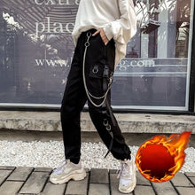 Load image into Gallery viewer, Women Cargo Pants 2021 Harem Pants Fashion Punk Pockets Jogger Trousers With Chain Harajuku Elastics High Waist Streetwear
