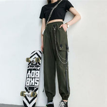 Load image into Gallery viewer, Women Cargo Pants 2021 Harem Pants Fashion Punk Pockets Jogger Trousers With Chain Harajuku Elastics High Waist Streetwear
