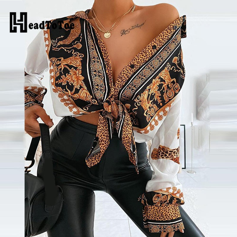 Baroque Leopard Print Casual Shirt Women Turn-down Collar Long Sleeve Casual Blouse Tops Streetwear