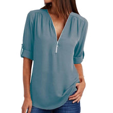 Load image into Gallery viewer, Summer Women Chiffon Blouses Elegant V Neck Roll Up Long Sleeve Zipper Tunic Tops Casual Loose Blue Shirts Female 5XL Plus Size
