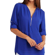 Load image into Gallery viewer, Summer Women Chiffon Blouses Elegant V Neck Roll Up Long Sleeve Zipper Tunic Tops Casual Loose Blue Shirts Female 5XL Plus Size
