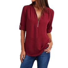 Load image into Gallery viewer, Summer Women Chiffon Blouses Elegant V Neck Roll Up Long Sleeve Zipper Tunic Tops Casual Loose Blue Shirts Female 5XL Plus Size
