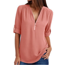 Load image into Gallery viewer, Summer Women Chiffon Blouses Elegant V Neck Roll Up Long Sleeve Zipper Tunic Tops Casual Loose Blue Shirts Female 5XL Plus Size
