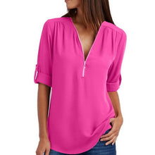 Load image into Gallery viewer, Summer Women Chiffon Blouses Elegant V Neck Roll Up Long Sleeve Zipper Tunic Tops Casual Loose Blue Shirts Female 5XL Plus Size
