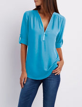 Load image into Gallery viewer, Summer Women Chiffon Blouses Elegant V Neck Roll Up Long Sleeve Zipper Tunic Tops Casual Loose Blue Shirts Female 5XL Plus Size
