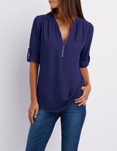 Load image into Gallery viewer, Summer Women Chiffon Blouses Elegant V Neck Roll Up Long Sleeve Zipper Tunic Tops Casual Loose Blue Shirts Female 5XL Plus Size
