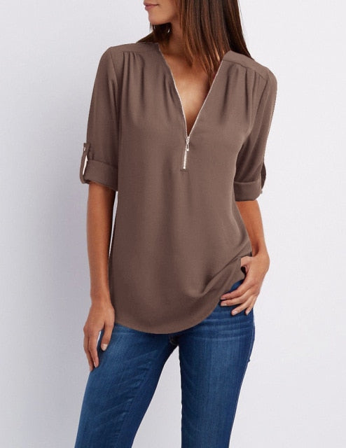 Summer Women Chiffon Blouses Elegant V Neck Roll Up Long Sleeve Zipper Tunic Tops Casual Loose Blue Shirts Female 5XL Plus Size