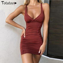 Load image into Gallery viewer, Totatoop Lace Up V Neck Ruched Bodycon Mini Dress Women 2020 Summer Hollow Out Ruffles Sundress Beachwear Vestidos
