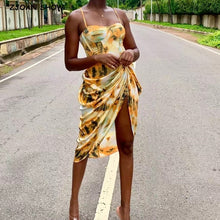 Load image into Gallery viewer, 2020 Women Vintage Yellow Tie dye Flower print  Spaghetti Strap Dress Hem Slim Waist Slit Irregular Long Dresses Sling Vestido
