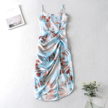 Load image into Gallery viewer, 2020 Women Vintage Yellow Tie dye Flower print  Spaghetti Strap Dress Hem Slim Waist Slit Irregular Long Dresses Sling Vestido
