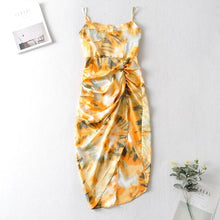 Load image into Gallery viewer, 2020 Women Vintage Yellow Tie dye Flower print  Spaghetti Strap Dress Hem Slim Waist Slit Irregular Long Dresses Sling Vestido
