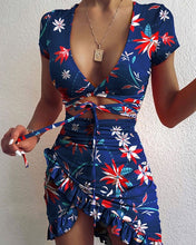 Load image into Gallery viewer, Cryptographic Floral Print Fashion Tie Up Wrap Mini Dress 2021 Summer Holiday Ruffles Sundress Ruched Women&#39;s Dress Short Sleeve
