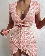 Load image into Gallery viewer, Cryptographic Floral Print Fashion Tie Up Wrap Mini Dress 2021 Summer Holiday Ruffles Sundress Ruched Women&#39;s Dress Short Sleeve
