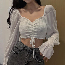 Load image into Gallery viewer, Women Tops And Bloues Sexy Women Long Sleeve Square Neck Shirt Drawstring Off Shoulder Blouse Crop Top
