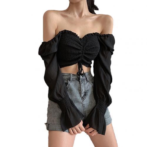 Women Tops And Bloues Sexy Women Long Sleeve Square Neck Shirt Drawstring Off Shoulder Blouse Crop Top