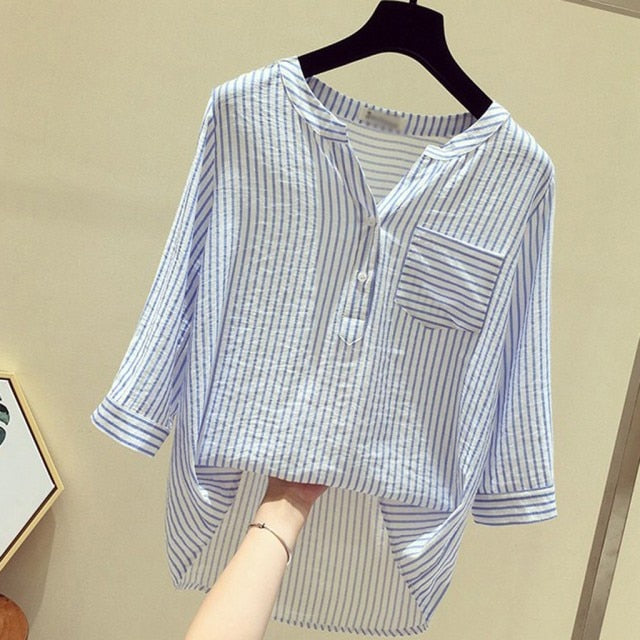 Women Shirts And Blouses Feminine Blouse Top Long Sleeve Casual Striped Turn-down Collar Ol Style Women Loose Blouses #YJ