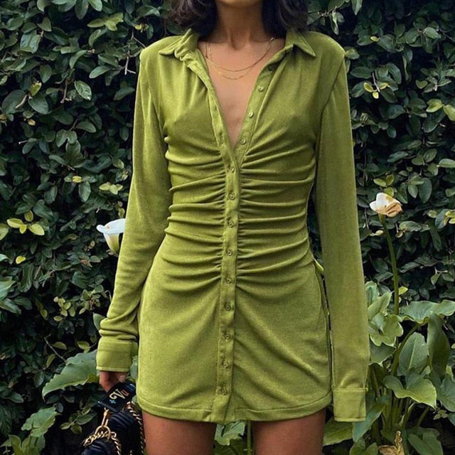 Sexy Mini Slim Dress Women Green Club Party Dress Turn-Down Collar Button Short Dresses Female Elegant Streetwear Shirt Vestidos