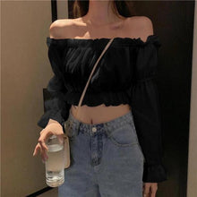 Load image into Gallery viewer, Sexy  Slash Neck Blouse Women Fashionable Puff Sleeve Short Top Female Black White Slim Shirts Vintage Solid Tops
