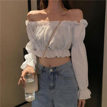 Load image into Gallery viewer, Sexy  Slash Neck Blouse Women Fashionable Puff Sleeve Short Top Female Black White Slim Shirts Vintage Solid Tops
