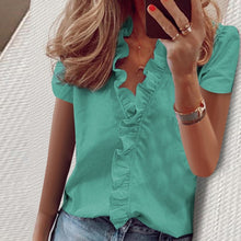 Load image into Gallery viewer, Summer Tops Ladies Blouse Short Sleeves Office Lady Women&#39;s Clothing V-Neck Solid New Fashion Ruffles Casual Print Female Shirt
