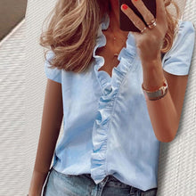 Load image into Gallery viewer, Summer Tops Ladies Blouse Short Sleeves Office Lady Women&#39;s Clothing V-Neck Solid New Fashion Ruffles Casual Print Female Shirt
