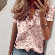 Load image into Gallery viewer, Summer Tops Ladies Blouse Short Sleeves Office Lady Women&#39;s Clothing V-Neck Solid New Fashion Ruffles Casual Print Female Shirt
