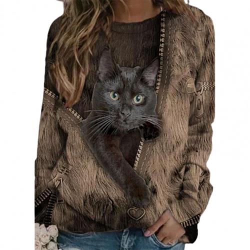 2021 Spring Diamond Cats Print Blouse Shirt Women Elegant Zipper O-Neck Long Sleeve Top Casual Loose Plus Size Streetwear Blusa