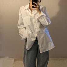 Load image into Gallery viewer, Women Solid White Blouses Simple Casual Shirts Oversize 4XL Turn-down Collar Pockets Basic Tops Korean Style Loose All-match INS
