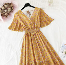 Load image into Gallery viewer, 2021 Summer Women Ruffled Short-sleeved Chiffon Dress V-neck High Waist Floral Print Beach Midi Dresses Backless Sexy Vestidos
