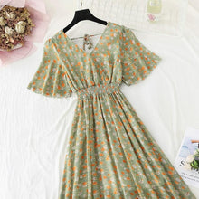 Load image into Gallery viewer, 2021 Summer Women Ruffled Short-sleeved Chiffon Dress V-neck High Waist Floral Print Beach Midi Dresses Backless Sexy Vestidos
